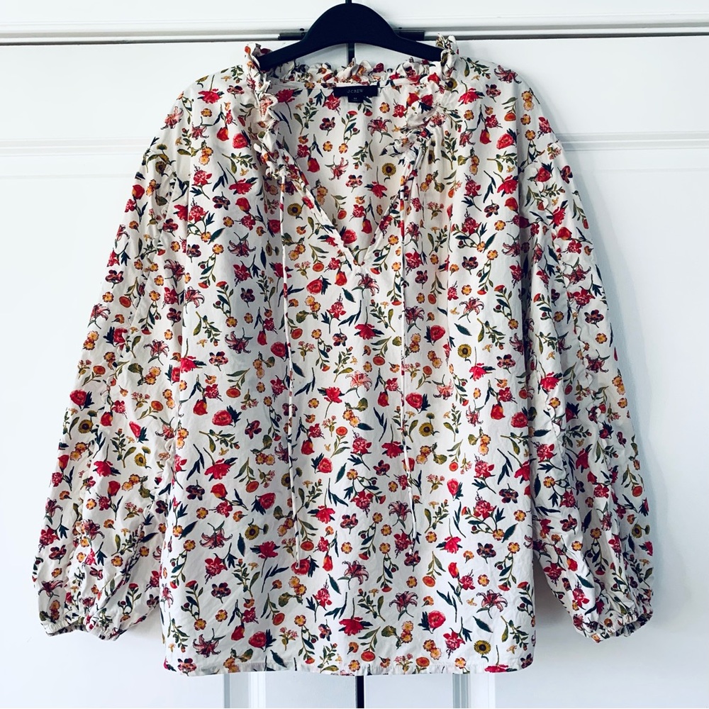 J. Crew Blouse Tie Neck Scalloped Trim Botanical Floral Print Long Sleeve Size M